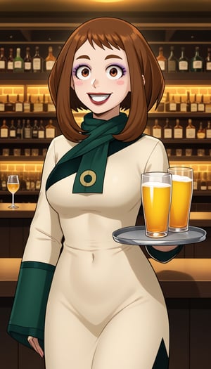 score_9, score_8_up, score_7_up, intricate details,1girl,  closed mouth, lips, long dress, green scarf, beige dress, joo dee,  teeth, smile, grin, makeup, lipstick, meme, wide-eyed, hair ornament:1.3, holding tray:1.2, tray, alcohol, dutch angle, bar, cowboy shot:1.2, bar, table, customers, ochako uraraka,makeup, lipstick, eyeshadow, hair ornament