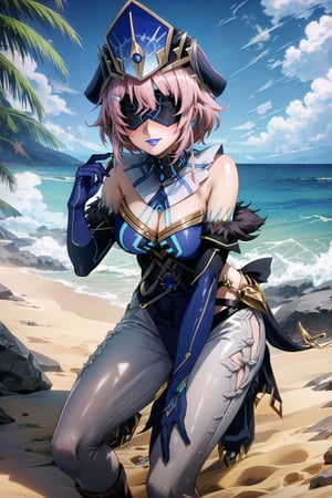 ((best quality)),  ((highly detailed)), (lisbeth, pink hair, hairclip, freckles) , masterpiece, 1girl,  evil smile:1.2, smug, seductive smile, solo, ,lips, makeup, ,standing,  ((blindfold, mask, eye mask)),MirrorMaiden, dress, cleavage, makeup, lipstick, ((blue lips:1.2)), blue headwear, hat, fur trim, blue gloves, gloves, elbow gloves, white pants,boots,  blush, beach, sand, water, posing, outdoors