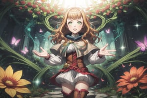 1girl, mimosa vermillion, orange hair, long wavy hair, green eyes, red earrings, lips, smile, beautiful face, turtleneck sweater, corset, capelet, red cape, thighhighs, thigh boots, sitting on a stone, surrounded by blooming flowers, clear sky, plants growing under her touch, large colorful leaves and vines forming a throne, midday sun, bright natural lighting, smiling softly, magic energy radiating from her hands, petals floating in the air around her, butterflies gathering near her, peaceful nature atmosphere, GFX effects: vibrant floral aura, glowing petals, magic vines glowing softly, lens flare from the sun, energetic magical swirls, gentle wind stirring the flowers, bright and serene, powerful contrast between magic and nature
