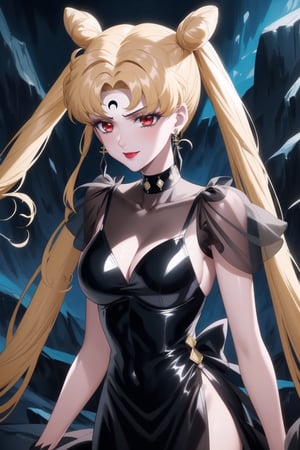 evil smile, red eyes, jewelry,  earrings, makeup, facial mark, lipstick,  forehead mark, crescent facial mark, black crystal earrings,crescent, , dress,black dress, see-through,,side slit, .,aausagi, double bun, twintails,parted bangs, blonde hair
(best quality), (highly detailed), masterpiece, (official art), A dark and mysterious female character inspired by classic anime style,  She has a cold, expressionless face with pale skin and dark, bold lips, giving her a commanding and intimidating presence.  The overall atmosphere is dark and mysterious, with a sense of power and control emanating from her poised stance