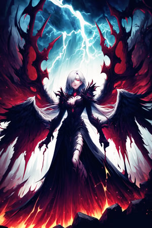 Elizabeth, white hair,hair_over_eye ,lips, ruler of hell, black wings,darkness wings,wings,demon wings,stands as a malevolent dictator, her long hair flowing like darkness itself, gradient from white to dark, framing her cold gaze. Her elaborate gown, adorned with sinister symbols and glowing red accents, reflects her dominance and cruelty. The background features a hellish landscape: rivers of lava, jagged rocks, tormented souls, and dark clouds with lightning. Eerie, red and black glows illuminate the scene, capturing the dark and oppressive atmosphere of her dominion.,shadow