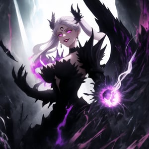 Wallpaper GFX of Noelle Silva's "Dark Thunder" form, aged-up and radiating dark energy. Her silver hair styled in twintails flows through the dark mist, while her sharp purple eyes gleam with malevolence. She stands confidently, her bold lipstick lips curved into a wicked grin. Retro-inspired black and silver armor covers her powerful physique, adorned with intricate black crystal earrings, a matching choker, and ornate gloves. A glowing, crescent-shaped mark on her forehead pulses with dark energy. She summons dark thunder and electricity, crackling around her hand and sword. Her enormous dark wings, made of shadowy tendrils and storm clouds, spread wide behind her. The background features a menacing black moon casting long, eerie shadows across the scene. Flashes of electric purple and black lightning illuminate the swirling clouds, while glowing red runes and sigils pulse in the air around her. The entire scene is bathed in dark and ominous hues, with bursts of glowing energy and digital distortions that create a chaotic yet visually striking aesthetic. Noelle Silva dominates the battlefield, ready to strike