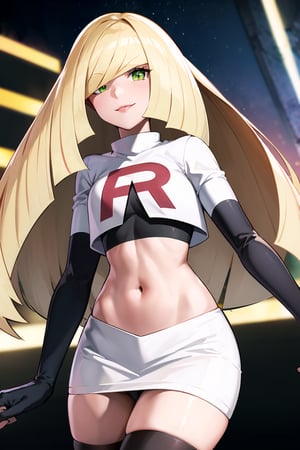 (best quality), (highly detailed), masterpiece, (official art),  ,pokemonlusamine, blonde hair, (green eyes:1.5), hair over one eye, long hair, multicolored hair, streaked hair, very long hair, posing, lips, smile, Team Rocket, cropped jacket, white jacket, crop top, jacket, gloves, black gloves, elbow gloves, navel, midriff, white skirt, miniskirt, skirt, thighhighs,, looking at viewer, china, asiática, city, night, sky, (intricately detailed, hyperdetailed), blurry background,depth of field, best quality, masterpiece, intricate details, tonemapping, sharp focus, hyper detailed, trending on Artstation,1 girl, high res, official art 