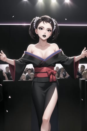 (best quality), (highly detailed), masterpiece, (official art),  becky blackbell, black hair, hair ornament, twintails, hairclip, scrunchie, hair scrunchie, lips:1.2, black lips:1.4, makeup:1.2, lipstick:1.2,  makeup, black eyes:1.2,black kimono,obi, dance,hand fan,white confetti,, looking at viewer, (/nightclub scene, neon lights)), , club, (nigth club), ,hd quality, perfect face ,realistic, realistic body , perfect face sync,night club,StandingAtAttention,night club,b1mb0, dancing:1.2,