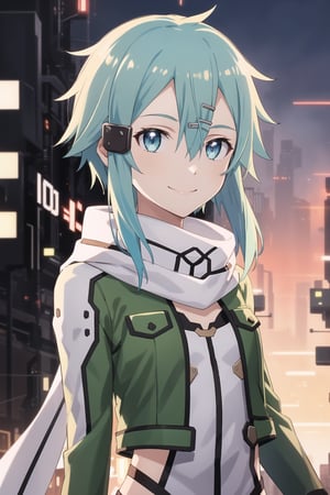 (best quality), (highly detailed), masterpiece, (official art), ((sinon1, cyberpunk, hair ornament, hairclip)), 1girl, upper body, bangs, blue eyes, blue hair, blurry, blurry background, fingerless gloves, green jacket, hair between eyes, hair ornament, hairclip, highres, jacket, long sleeves, outdoors, scarf, short hair, short hair with long locks, sidelocks, signature, sinon, solo, sunset, sword art online, turning head, partially open eyes, smiling, "isn't that right, Asuna"
