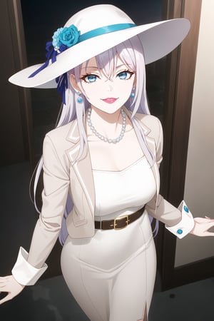 (best quality), (highly detailed), masterpiece, (official art), alya, grey hair, long hair,blue eyes, hair between eyes, lips, lipstick, smile, grin, smirk, makeup:1.3, from above,:1.2, (lips:1.2), parted_lips, blue earrings:1.3,jewelery:1.3, circlet:1.2, ((long sleeves,  dress, ribbon, closed mouth, collarbone, jacket,  belt, white dress,  white headwear, blue suit:1.2, pearl necklace:1.3, cropped suit,  sun hat)), looking at viewer, china, asiática, city, night, sky, 