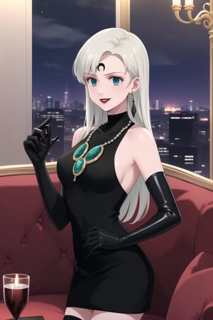 (best quality), (highly detailed), masterpiece, (official art),elizabeth, long hair, blue eyes, white hair, blunt bangs, single earring,, lips, smile, lipstick, makeup, evil smile,
((Forehead mark, crescent facial mark, black crystal earrings, jewelry)).  Dark  dress, black latex, black sleeveless dress, turtleneck_dress, short dress, elbow gloves, green gloves, thighhighs, large necklace, ((gemstone necklace:1.2)), standing,
Modern luxury lounge with dim lighting, featuring sleek black leather sofas, glass tables, and soft ambient lighting from wall sconces. A large window in the background reveals a city skyline at night, adding a touch of sophistication to the scene