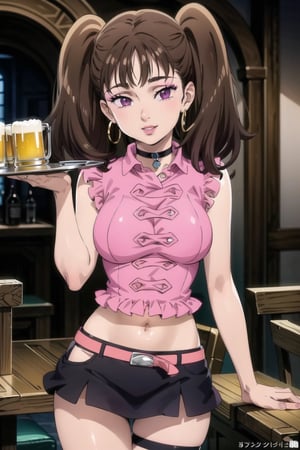 ((best quality)), ((highly detailed)), masterpiece, ((official art)),( diane, twintails), (multicolored hair:1.4), (gradient hair:1.3)  (seductive smile), (makeup:1.2), (choker:1.2), (hoop earrings),  (lips:1.3),  (seductive pose:1.2), bar, indoors holding tray, beer, beer mug, table, chair, large breasts, ((pink shirt:1.2)), navel, belt, (black skirt), miniskirt, (single thighhigh), intricately detailed, hyperdetailed, blurry background, depth of field, best quality, masterpiece, intricate details, tonemapping, sharp focus, hyper detailed, trending on Artstation, 1 girl, high res, official art 