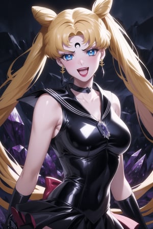 (best quality), (highly detailed), masterpiece, (official art),aausagi, double bun, twintails, parted bangs. blonde hair, makeup, ((forehead mark, crescent facial mark, black crystal earrings)), aged up, evil smile, lips, lipstick, open mouth, sailor moon, black sailor, choker, red bow, black gloves, elbow gloves, blue skirt, latex, A dark and mysterious female character inspired by the style of classic anime. She has an evil face with an evil smile, giving her an imposing and intimidating presence. The overall atmosphere is dark and mysterious, with a sense of power and control emanating from her posture.