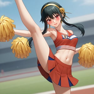 score_9, score_8_up, score_7_up, source_anime BREAK 1girl, solo, yor briar, black hair, short hair with long locks, bangs, red eyes,girl,cute face,clear skin,shiny hair,ultra detailed eyes  jyojifuku, cheerleader, pom pom \(cheerleading\),leg up, navel, skirt