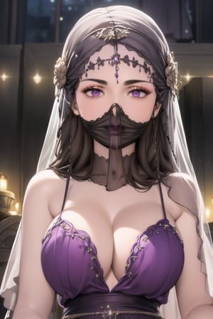 ((best quality)), ((highly detailed)), masterpiece, ((official art)), detailed face, beautiful face, (detailed eyes, deep eyes), seductive posing, (cowboy shot),diane, long hair, brown hair, purple eyes, empty eyes:1.2,,((veil, transparent,mask Veil,Veil)) v3il, face veil, (forehead jewel opal), crystal head veil, (cowboy shot), eyeliner, eyeshadow, makeup, purple lips [brown hair] hair ,ethereal nightgown, (sash), (cowboy shot), grand hall, . shallow depth of field, vignette, highly detailed, high budget, bokeh, cinemascope, moody, epic, gorgeous, film grain, grainy