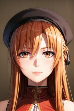 ((best quality)), ((highly detailed)), masterpiece, ((official art)), detailed face, beautiful face, (detailed eyes, deep eyes), seductive posing, (cowboy shot),asuna yuuki, long hair, brown eyes, orange hair, red hair,  smile, black coat black hat beret hands in pocket