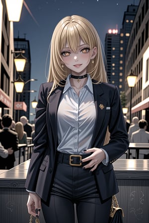 ((best quality)),  ((highly detailed)),  masterpiece,1girl, 1girl, (lips:1.2), seductive smile, smirk, naughty_face,nail polish, solo,   black pants,  formal,  black jacket,  open jacket,  (white shirt),  belt, ,  black jacket, (black suit),  long sleeves,  shirt tucked in,, (black choker), blush, earrings, black nails, looking at viewer, standing, cowboy shot, fingernails,  bar,outdoor,lamp,nigth,space, alcohol, sexy pose:1.2, purple nails, wristband ,hmmisaki, 1girl, long hair, symbol-shaped pupils, +_+, blonde hair,<lora:659111690174031528:1.0>