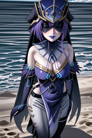 ((best quality)),  ((highly detailed)), ((sumire kakei, long hair:1.2, purple hair)) , masterpiece, 1girl,  evil smile:1.2, smug, seductive smile, solo, ,lips, makeup, ,standing,  blindfold, mask, eye mask,MirrorMaiden, dress, cleavage, makeup, lipstick, ((blue lips:1.2)), blue headwear, hat, fur trim, blue gloves, gloves, elbow gloves, white pants,boots,  blush, beach, sand, water, posing, outdoors, ,MirrorMaiden,sumire kakei,<lora:659111690174031528:1.0>