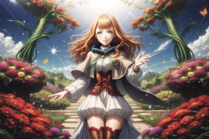 1girl, mimosa vermillion, orange hair, long wavy hair, green eyes, red earrings, lips, smile, beautiful face, turtleneck sweater, corset, capelet, red cape, thighhighs, thigh boots, sitting on a stone, surrounded by blooming flowers, clear sky, plants growing under her touch, large colorful leaves and vines forming a throne, midday sun, bright natural lighting, smiling softly, magic energy radiating from her hands, petals floating in the air around her, butterflies gathering near her, peaceful nature atmosphere, GFX effects: vibrant floral aura, glowing petals, magic vines glowing softly, lens flare from the sun, energetic magical swirls, gentle wind stirring the flowers, bright and serene, powerful contrast between magic and nature
