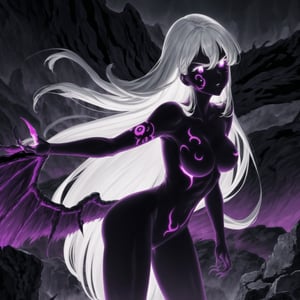 monochrome,greyscale,(tattoo,facial mark,aura,glowing,bodypaint,smoke,dark aura:1.2),1girl,long hair,medium breasts,black hair,angry,purple eyes,wings,claws,looking at viewer,nude,censored,armor,convenient censoring,Elizabeth, black hair, lips, ruler of hell, stands as a malevolent dictator, her long hair flowing like darkness itself, gradient from white to dark, framing her cold gaze. Her elaborate gown, adorned with sinister symbols and glowing red accents, reflects her dominance and cruelty. The background features a hellish landscape: rivers of lava, jagged rocks, tormented souls, and dark clouds with lightning. Eerie, red and black glows illuminate the scene, capturing the dark and oppressive atmosphere of her dominion.