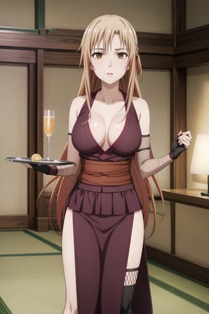 masterpiece,best quality,highres,ultra-detailed,asuna yuuki, long hair, orange hair, brown eyes, empty eyes:1.3,  holding tray, tray:1.3, alcohol, breasts,  solo, ninja, cleavage, thighhighs, pelvic curtain, gloves, fishnets, large breasts, japanese clothes,  bare shoulders, sash,  (indoors:1.2), (royal room:1.2), (latex), standing, StandingAtAttention,b1mb0,night club,lemon0021,,asuna yuuki,holding_tray,aaasuna,ninja