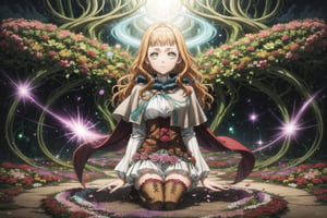 1girl, mimosa_vermillion, orange hair, long flowing hair, green eyes, red earrings, turtleneck sweater, corset, capelet, red cape draped over her shoulders, thighhighs, thigh boots, kneeling_in_field_of_flowers, surrounded by large colorful blooms, hands touching the ground, vines and flowers sprouting from her touch, sunlight filtering through the clouds, magic energy glowing softly from her fingertips, plants and petals swirling gently in the air, bright daylight, peaceful expression, floral_magic manifesting in the environment, GFX effects: glowing vines, radiant flowers, gentle breeze moving the petals, vibrant magic particles, soft rays of sunlight illuminating her, magical energy flowing into the ground, dynamic nature effects, plant life expanding around her, mystical aura surrounding the flowers, vivid and serene
