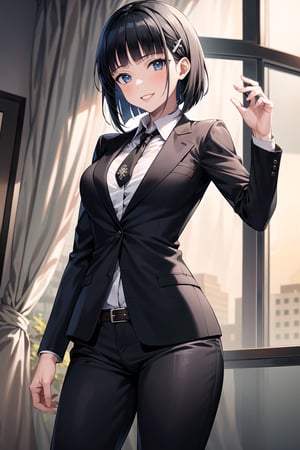 (best quality), (highly detailed), masterpiece, (official art), suguha, short hair, black hair, bob cut, hairclip, hair ornament, blunt bangs, lips, smile, necktie,pose,  black jacket,(black suit), open suit,  open jacket,long sleeves, shirt tucked in,looking at viewer, shirt, black necktie, white shirt, medium breasts,window, formal, office lady,pants, black pants, black belt, business suit, suit,  (intricately detailed, hyperdetailed), blurry background,depth of field, best quality, masterpiece, intricate details, tonemapping, sharp focus, hyper detailed, trending on Artstation,1 girl, solo,high res,official art