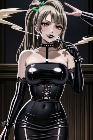 ((best quality)),  ((highly detailed)),  masterpiece,(Black lips:1.4), (white skin:1.4), ((official art)),  detailed face,  beautiful face, (cross-laced clothes:1.3), narrow_waist:1.3, dominatrix:1.4 , (intricate Black dress:1.4), (detailed eyes,  deep eyes),science fiction, cyberpunk:1.3, street, shopping, pose:1.3, smoke:1.3, holding cigarette:1.3, smoking:1.2,((smirk, grin, naughty face, seductive smile, smug)) ,cowboy shot,(lips), minami kotori, long hair,  bangs, hair bow, green bow, (red eyes:1.3),   (spiked bracelet), corset:1.4, (black hoop earring:1.3), curvaceous, voluptuous body, (makeup:1.5) (lips:1.3), (latex:1.3),  (black tube top:1.2), gloves,(elbow gloves:1.2), skirt, black choker, pencil skirt, pantyhose, miniskirt, (black skirt), black gloves, black legwear, black nails,large breasts:1.2, (intricately detailed, hyperdetailed), blurry background, depth of field, best quality, masterpiece, intricate details, tonemapping, sharp focus, hyper detailed, trending on Artstation, 1 girl, solo, high res, official art,RockOfSuccubus,,kotori minami,minami kotori,,,black lips,<lora:659111690174031528:1.0>