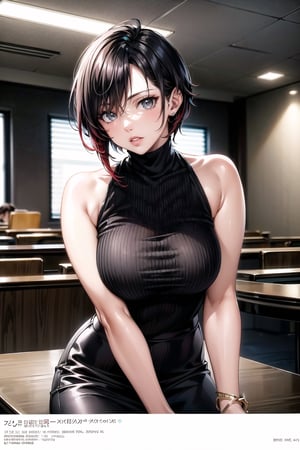 ((best quality)),  ((highly detailed)),  masterpiece,  ((official art)), (ruby rose), lips, sleeveless, bare shoulders, figure, turtleneck, black pencil skirt, office, lady office, black shirt, shirt_tucked_in, building, bracelet, parted lips, cellphone picture, indoors, intricately detailed, hyperdetailed, blurry background, depth of field, best quality, masterpiece, intricate details, tonemapping, sharp focus, hyper detailed, trending on Artstation, 1 girl, high res, official art,