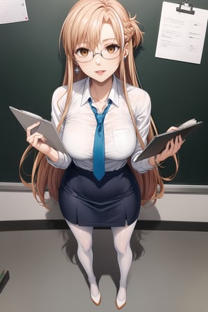 A close-up shot of aaasuna, long hair, french braid, orange hair, red hair, brown eyes, long hair:1.2, the SKS Office Lady, stands expressionless with empty eyes, her lips subtly parted as if in a state of subtle hypnosis. glasses, skirt, pantyhose, earrings, pencil skirt, adjusting eyewear,  blue skirt, chalkboard, open mouth, teacher, paper, necktie, jewelry, red-framed eyewear, bespectacled, white legwear, semi-rimless eyewear, under-rim eyewear, shoes, standing, desk, blue footwear, office lady, smile, lanyard, streaked hair, clipboard,  shirt. In formal attire, she exudes professionalism.,