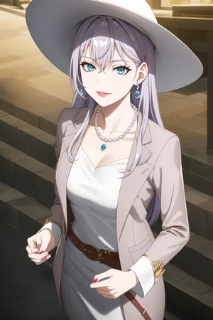 (best quality), (highly detailed), masterpiece, (official art), alya, grey hair, long hair,blue eyes, hair between eyes, lips, lipstick, smile, grin, smirk, makeup:1.3, from above,:1.2, (lips:1.2), parted_lips, blue earrings:1.3,jewelery:1.3, circlet:1.2, ((long sleeves,  dress, ribbon, closed mouth, collarbone, jacket,  belt, white dress,  white headwear, blue suit:1.2, pearl necklace:1.3, cropped suit,  sun hat)), looking at viewer, china, asiática, city, night, sky,  (intricately detailed, hyperdetailed), blurry background,depth of field, best quality, masterpiece, intricate details, tonemapping, sharp focus, hyper detailed, trending on Artstation,1 girl, high res, official art,StandingAtAttention,bestiality,