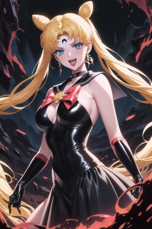 (best quality), (highly detailed), masterpiece, (official art),aausagi, double bun, twintails, parted bangs. blonde hair, makeup, ((forehead mark, crescent facial mark, black crystal earrings)), aged up, evil smile, lips, lipstick, open mouth, sailor moon, black sailor, choker, red bow, black gloves, elbow gloves, blue skirt, latex, A dark and mysterious female character inspired by the style of classic anime. She has an evil face with an evil smile, giving her an imposing and intimidating presence. The overall atmosphere is dark and mysterious, with a sense of power and control emanating from her posture.