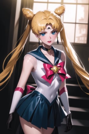 (best quality), (highly detailed), masterpiece, (official art),aausagi, double bun, twintails, parted bangs. blonde hair, makeup, forehead mark, crescent facial mark,  lipstick, black crystal earrings, aged up, sailor moon, black sailor, choker, red bow, black gloves, elbow gloves, blue skirt, latex, intricately detailed, hyperdetailed, blurry background, depth of field, best quality, masterpiece, intricate details, tonemapping, sharp focus, hyper detailed, trending on Artstation, 1 girl, high res, official art,