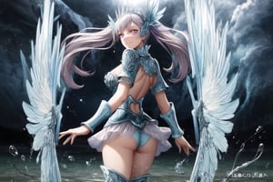 Dynamic wallpaper GFX of Noelle Silva in full Valkyrie form, her long silver twintailed hair shimmering under the glowing light of her water armor. She holds a radiant sword, with water wings that ripple with energy extending from her back. Surrounding her are sparkling droplets of water and magical light streaks that create a vibrant aura. Her purple eyes glow softly as she smiles seductively, the water armor glistening with fluid motion. The background shows crashing waves and swirling water energy, mixed with bright magical runes and beams of light cutting through a stormy sky, creating a stunning visual backdrop.