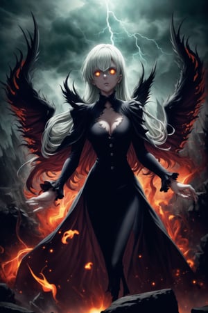 Elizabeth, black hair, lips, ruler of hell, black wings,darkness wings,wings,demon wings,stands as a malevolent dictator, her long hair flowing like darkness itself, gradient from white to dark, framing her cold gaze. Her elaborate gown, adorned with sinister symbols and glowing red accents, reflects her dominance and cruelty. The background features a hellish landscape: rivers of lava, jagged rocks, tormented souls, and dark clouds with lightning. Eerie, red and black glows illuminate the scene, capturing the dark and oppressive atmosphere of her dominion.