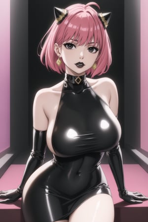 (best quality), (highly detailed), masterpiece, (official art),  ,anya forger:1.3,ahoge, hair ornament,( anya, hair ornament, pink hair, short hair),Earrings,   gem earring:1.2,black_earrings, lips:1.2, black lips:1.4, makeup:1.2, lipstick:1.2,  makeup, black eyes:1.2, ,black collar, black latex dress, black latex elbow gloves, crystal earrings, distant gaze, elbow gloves, female, female only, fetish wear, gloves, hand on butt, hand on knee, only, large breasts, latex, latex dress, latex elbow gloves, latex gloves, light-skinned female, light skin, long dress, solo, solo female,lips, cowboy shot, large breast, looking at viewer, (/nightclub scene, neon lights)), , club, (nigth club), ,hd quality, perfect face ,realistic, realistic body , perfect face sync,night club,StandingAtAttention,marinette,night club,b1mb0, dancing:1.2,