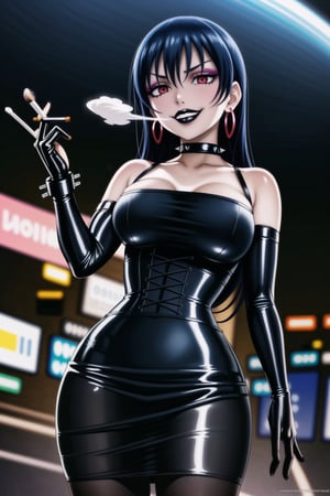 ((best quality)),  ((highly detailed)),  masterpiece,(Black lips:1.4), (white skin:1.4), ((official art)),  detailed face,  beautiful face, (cross-laced clothes:1.3), narrow_waist:1.3, dominatrix:1.4 , (intricate Black dress:1.4), (detailed eyes,  deep eyes),(science fiction, cyberpunk:1.3, street, shopping, pose:1.3, smoke:1.3, holding cigarette:1.3, smoking:1.2),((smirk, grin, naughty face, seductive smile, smug)) ,cowboy shot,(lips), umi sonoda, long hair, blue hair, (red eyes:1.3),   (spiked bracelet), corset:1.4, (black hoop earring:1.3), curvaceous, voluptuous body, (makeup:1.5) (lips:1.3), (latex:1.3),  (black tube top:1.2), gloves,(elbow gloves:1.2), skirt, black choker, pencil skirt, pantyhose, miniskirt, (black skirt), black gloves, black legwear, black nails,large breasts:1.2, (intricately detailed, hyperdetailed), blurry background, depth of field, best quality, masterpiece, intricate details, tonemapping, sharp focus, hyper detailed, trending on Artstation, 1 girl, solo, high res, official art,RockOfSuccubus, umi sonoda,,<lora:659111690174031528:1.0>