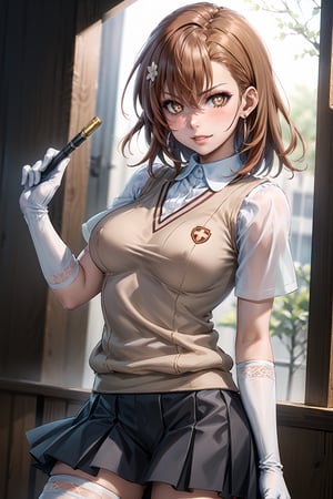 ((best quality)),  ((highly detailed)),  masterpiece,1girl, r ,(large breasts), tokiwadai school uniform, sweater vest, short sleeves, (](white gloves, elbow gloves)), pleated skirt, white thighhighs ,1girl, lips:1.4, makeup:1.4, symbol-shaped pupils, +_+, naughty_face, ,evil smile, ((gyaru)) ,jewelry, blush, earrings, looking at viewer, standing, cowboy shot, red hair, school, short hair, aamikoto, hair flower,hmmisaki