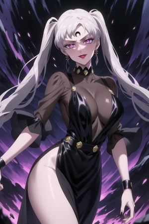 evil smile, red eyes, jewelry,  earrings, makeup, facial mark, lipstick,  forehead mark, crescent facial mark, black crystal earrings,crescent, , dress,black dress, see-through,,side slit, noelle_silva,silver hair,twintails,bangs,purple eyes
(best quality), (highly detailed), masterpiece, (official art), A dark and mysterious female character inspired by classic anime style,  She has a cold, expressionless face with pale skin and dark, bold lips, giving her a commanding and intimidating presence.  The overall atmosphere is dark and mysterious, with a sense of power and control emanating from her poised stance.,