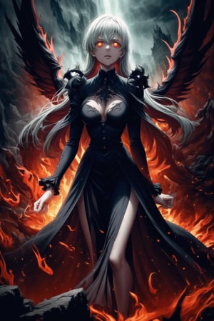 Elizabeth, black hair, lips, ruler of hell, black wings,darkness wings,wings,demon wings,stands as a malevolent dictator, her long hair flowing like darkness itself, gradient from white to dark, framing her cold gaze. Her elaborate gown, adorned with sinister symbols and glowing red accents, reflects her dominance and cruelty. The background features a hellish landscape: rivers of lava, jagged rocks, tormented souls, and dark clouds with lightning. Eerie, red and black glows illuminate the scene, capturing the dark and oppressive atmosphere of her dominion.