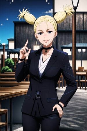 ((best quality)),  ((highly detailed)),  masterpiece,1girl, 1girl, (lips:1.2), seductive smile, smirk, naughty_face,nail polish, solo,   black pants,  formal,  black jacket,  open jacket,  (white shirt),  belt, ,  black jacket, (black suit),  long sleeves,  shirt tucked in,, (black choker), blush, earrings, black nails, looking at viewer, standing, cowboy shot, fingernails,  bar,outdoor,lamp,nigth,space, alcohol, sexy pose:1.2, purple nails, wristband , (MomoNishimiya,1girl, twintails),<lora:659111690174031528:1.0>