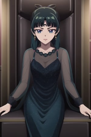 (best quality), (highly detailed), masterpiece, (official art), maomao,1girl,blunt bangs,green hair,blue eyes,sidelocks,twin braids,hair over shoulder,hair beads,half updo,single hair bun,hair ribbon,freckles, forehead mark, crescent facial mark, black crystal earrings, black dress, long sleeves, see-through,  sitting, throne,