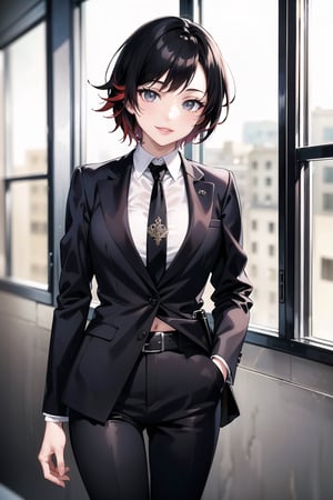 (best quality), (highly detailed), masterpiece, (official art), ruby rose,  lips, smile, necktie,  black jacket,(black suit), open suit, long sleeves, shirt tucked in,looking at viewer, shirt, black necktie, white shirt, medium breasts,window, formal, office lady,pants, black pants, black belt, business suit, suit,  (intricately detailed, hyperdetailed), blurry background,depth of field, best quality, masterpiece, intricate details, tonemapping, sharp focus, hyper detailed, trending on Artstation,1 girl, solo,high res,official art