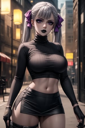 ((best quality)), ((highly detailed)), masterpiece, ((official art)), detailed face, beautiful face, (detailed eyes, deep eyes), seductive posing, (cowboy shot),noelle_silva,silver hair,twintails,bangs,purple eyes,  (sexy:1.3),   (makeup, black lips:1.3),( pale white skin, very white skin, goth, long eyelashes), medium to big breasts, black gloves, black skirt:1.2, closed mouth, cowboy shot, ((black turtleneck, black crop top)), hoop earrings, fingerless gloves, gloves, highres, jewelry, , midriff, miniskirt, navel, pencil skirt, skirt, solo, standing, stomach, striped, striped bow, thigh strap, city street, nighttime, intricately detailed, hyperdetailed, blurry background, depth of field, best quality, masterpiece, intricate details, tonemapping, sharp focus, hyper detailed, trending on Artstation, 1 girl, high res, official art,