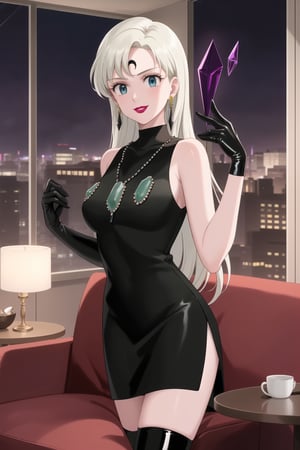 (best quality), (highly detailed), masterpiece, (official art),elizabeth, long hair, blue eyes, white hair, blunt bangs, single earring,, lips, smile, lipstick, makeup,
((Forehead mark, crescent facial mark, black crystal earrings, jewelry)).  Dark  dress, black latex, black sleeveless dress, turtleneck_dress, short dress, elbow gloves, green gloves, thighhighs, large necklace, ((gemstone necklace:1.2)), standing,
Modern luxury lounge with dim lighting, featuring sleek black leather sofas, glass tables, and soft ambient lighting from wall sconces. A large window in the background reveals a city skyline at night, adding a touch of sophistication to the scene