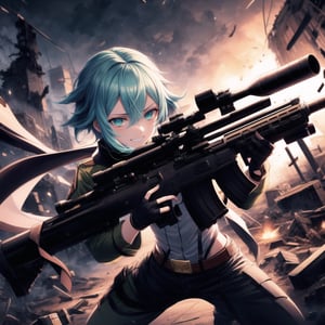 Highly detailed anime illustration of Sinon in the midst of a desolate battlefield, her blue hair whipping in the wind as she fires her sniper rifle with deadly precision. Her sharp aqua eyes, partially obscured by strands of hair, gleam with a twisted joy, and a sadistic smile spreads across her face, reflecting her dark pleasure in the chaos of combat.

sinon1 is dressed in her signature combat outfit: a green cropped jacket open at the front, revealing a white scarf that flutters as she moves. Her black shorts and fingerless gloves are practical for the fight, while her sniper rifle is held firmly, aimed with unwavering focus. The rifle's muzzle flashes brightly, illuminating the battlefield in sharp, cold light.

The surrounding environment is bleak and war-torn, with crumbling structures and a cloudy, dark sky overhead, adding to the tension and intensity of the scene. The ground is littered with debris, evidence of the ongoing conflict. Shadows and light play across her form, emphasizing her role as a hunter in this grim setting.

Despite the devastation around her, Sinon’s sadistic smile and the gleam in her eyes make it clear she relishes the battle, her laughter echoing amidst the destruction. Every shot she takes is precise, her enjoyment of the fight apparent in every detail of her expression and posture.

Key Details:

The sniper rifle is depicted in high detail, with visible muzzle flash and recoil captured mid-shot.
Sinon's expression is the focal point, her sadistic smile and bright, crazed eyes adding a layer of psychological depth.
The battlefield is grim, with dark, moody lighting that contrasts with the bright flashes of gunfire.
Her pose is dynamic, with the rifle held steady as she fires, her body language exuding confidence and delight in the violence.
The overall atmosphere is dark and intense, highlighting Sinon's enjoyment of the chaos and her role as a formidable sniper in the heat of battle.