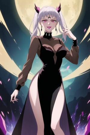 (best quality), (highly detailed), masterpiece, (official art), (noelle_silva,silver hair,twintails,bangs,jewelry), makeup, ((black moon, forehead mark, crescent facial mark, black crystal earrings)), aged up, evil smile, lips, lipstick, posing, anime coloring, ((black dress, long sleeves, see-through)), pink dress, side slit, A dark and mysterious female character inspired by the style of classic anime. She has an evil face with an evil smile, giving her an imposing and intimidating presence. The overall atmosphere is dark and mysterious, with a sense of power and control emanating from her posture.,