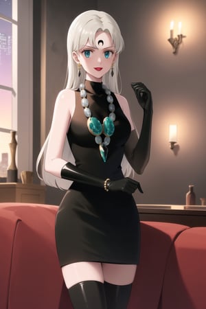 (best quality), (highly detailed), masterpiece, (official art),elizabeth, long hair, blue eyes, white hair, blunt bangs, single earring,, lips, smile, lipstick, makeup, evil smile,
((Forehead mark, crescent facial mark, black crystal earrings, jewelry)).  Dark  dress, black latex, black sleeveless dress, turtleneck_dress, short dress, elbow gloves, green gloves, thighhighs, large necklace, ((gemstone necklace:1.2)), standing,
Modern luxury lounge with dim lighting, featuring sleek black leather sofas, glass tables, and soft ambient lighting from wall sconces. A large window in the background reveals a city skyline at night, adding a touch of sophistication to the scene