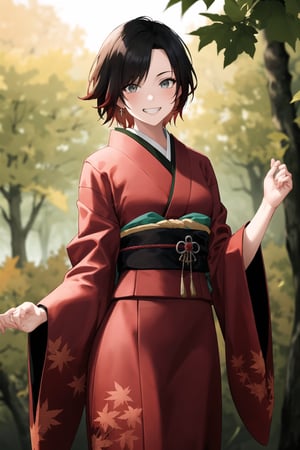 ((best quality)), ((highly detailed)), masterpiece, 1 girl, ruby rose, short hair, BREAK, grin, smirk, kimono, momiji, maple_leaves, japanese maple tree, minimalism, (cowboy shot:1.2), standing, , intricately detailed, hyperdetailed, blurry background, depth of field, best quality, masterpiece, intricate details, tonemapping, sharp focus, hyper detailed, trending on Artstation, 1 girl, high res, official art,