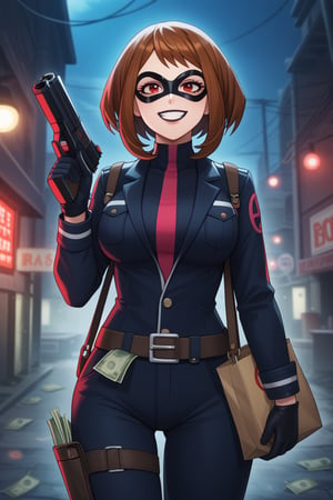 score_9, score_8_up, score_7_up, intricate details,1girl, malicious expression, sadistic grin, villainous attitude,lips, black lips, grin, red eyes, smirk, evil smile,1girl, Ochako Uraraka, black hair with red tips, bank heist, thief outfit, loose black jacket, cargo pants, wearing a domino mask, holding bag of money, holding handgun, gun, handgun, bank robbery, levitating money bags, vault door open, thief outfit, wearing a domino mask, carrying a large money bag, exiting a bank vault, broken safe in the background, dark gloves, quick getaway, alarm lights flashing, dimly lit scene, red emergency lighting, cautious posture, money spilling from bag, night-time heist, dark alley, tense atmosphere,(ncursioDipDyedHair,red IncursioDipDyedHair