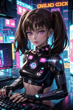 masterpiece,best quality,highres,ultra-detailed,diane, ((twintails)), purple eyes, brown hair, bangs, ((hacker)), ,fishnets ,computer, monitor, wive, cable,(( cyberpunk)), indoors, neon nigth, ((Cyborg)), ((star wars)), chip, cyberpunk, collar, confident and curious gaze, futuristic cyberpunk hacker attire, high-tech bodysuit with glowing circuitry patterns, fingerless gloves underground hacker den, surrounded by screens displaying code and data, typing rapidly on a holographic keyboard, exuding intelligence and tech-savviness, cyberpunk and gritty atmosphere, dark color palette with neon highlights,
