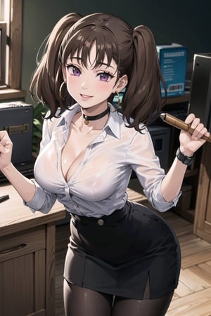 ((best quality)), ((highly detailed)), masterpiece, ((official art)), ( diane, twintails), (office:1.3), (window, indoors, plant), (seductive smile), (black choker:1.2),(hoop earrings), (high-waist skirt:1.2), (black skirt), (collarbone, cleavage) , (lips:1.2), (narrow_waist:1.2) , wristwatch, skirt, solo, (cowboy shot:1.2), standing, pencil skirt, (leaning forward:1.3),(hands over desktop:1.3),(seductive pose:1.2) collared shirt, (office lady), (white shirt:1.2), (formal:1.1), shirt tucked in, (skirt suit), black pantyhose, dress shirt, intricately detailed, hyperdetailed, blurry background, depth of field, best quality, masterpiece, intricate details, tonemapping, sharp focus, hyper detailed, trending on Artstation, 1 girl, high res, official art