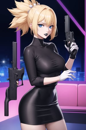 (best quality), (highly detailed), masterpiece, (official art),  kohaku, blonde hair, blue eyes, hair ornament, ponytail, solo,  lips:1.2, black lips:1.4, lipstick:1.2, skirt, black turtleneck shirt, black shirt, latex:1.2, gloves, pencil_skirt, shirt, black gloves, standing, looking at viewer, breasts, black skirt, looking at viewer, (/nightclub scene, neon lights), , club, (nigth club), ,hd quality, perfect face ,realistic, realistic body , perfect face sync,night club,StandingAtAttention,marinette,night club,b1mb0, gun, weapon, holding gun, handgun, holding, pistol, gun, handgun, pistol, holding weapon,  trigger discipline,