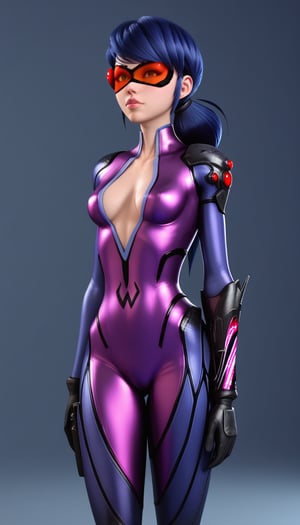 score_9, score_8_up, score_7_up,marinetteBug, blue hair, standing, lips ,standing, purple bodysuit, revealing chest, combat sniper visor, black gloves, thigh-high boots, advanced combat suit,  futuristic sniper,metallic purple suit, torso exposed,, black combat gear, long black gloves, high-tech bodysuit,widowsuit, tattoo, arm tattoo